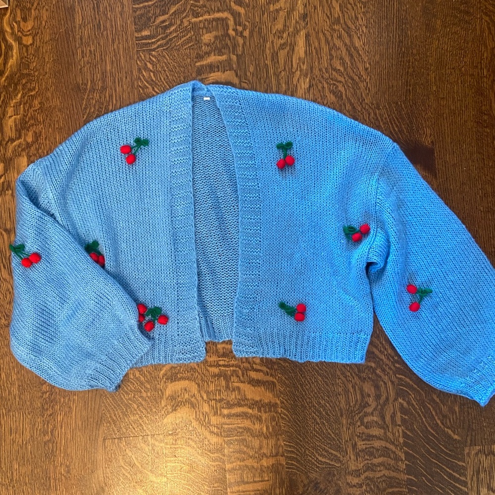 Cutest Blue Knit Cherry Cardigan 💙